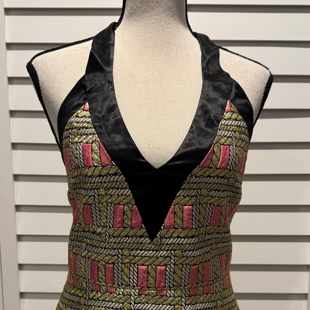 Cynthia Rowley NWT Bonfire Gold/ black and Pink Halter Dress. - Picture 3 of 12
